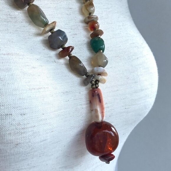 Artisan Natural Stone Beaded Boho 26" Boho Necklace Amber Colored Glass Pendant - Picture 5 of 16